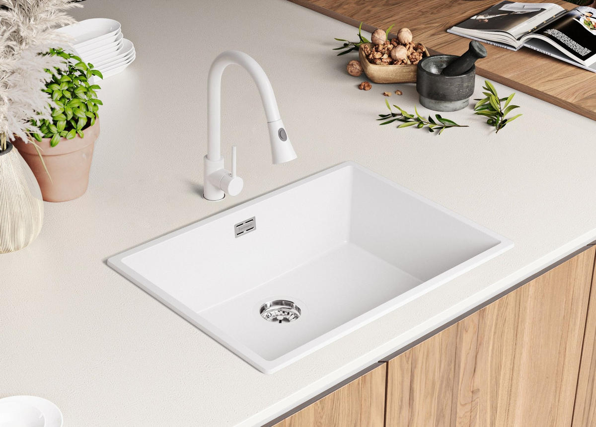 SPÜLBECKEN London Slim, 2-er set Alles Weiß 66/47 cm 1 Becken + Ablauf-Set ab 70er Unterschrank - Weiß, Kunststoff (66/20/47cm) - Primagran