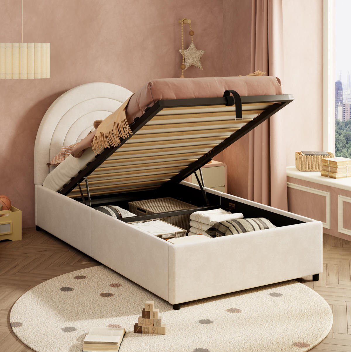 KINDERBETT 90/200 cm mit hydraulischem Stauraum, gepolstertem Kopfteil und Lattenrost, Samt, Beige - Beige, Textil (90/200cm) - Redom