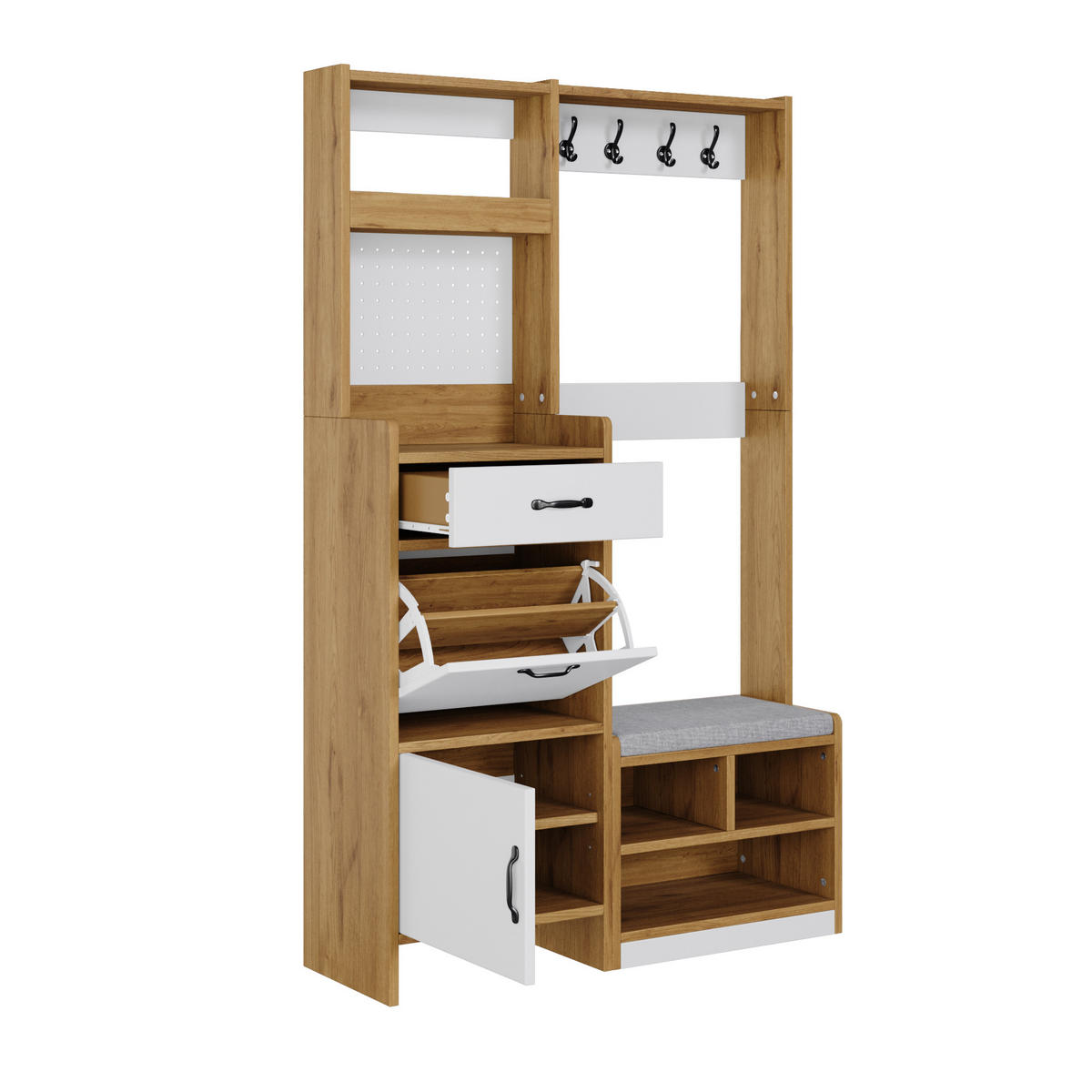 GARDEROBE Schuhschrank Sitzbank Haken Eiche Weiß Modern - Multicolor, Holzwerkstoff (108.5/180/35cm) - FLIEKS