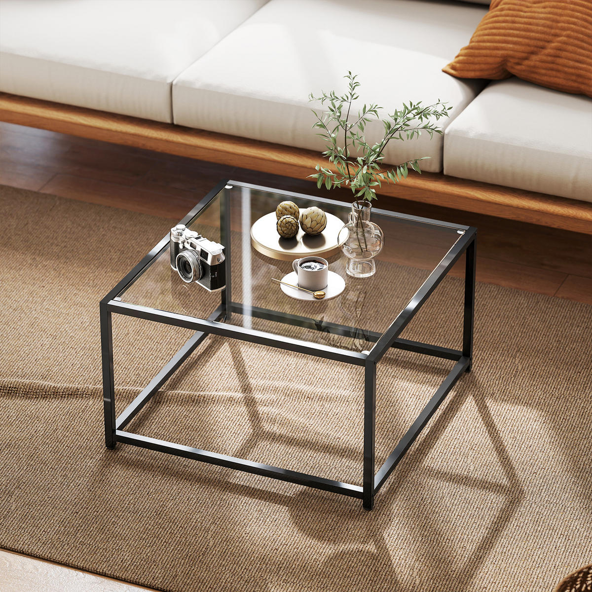 BEISTELLTISCH Quadratisch Nachttisch mit Hartglas-Tischplatte, Couchtisch - Schwarz, Metall (68/68/39cm) - HOMCOM