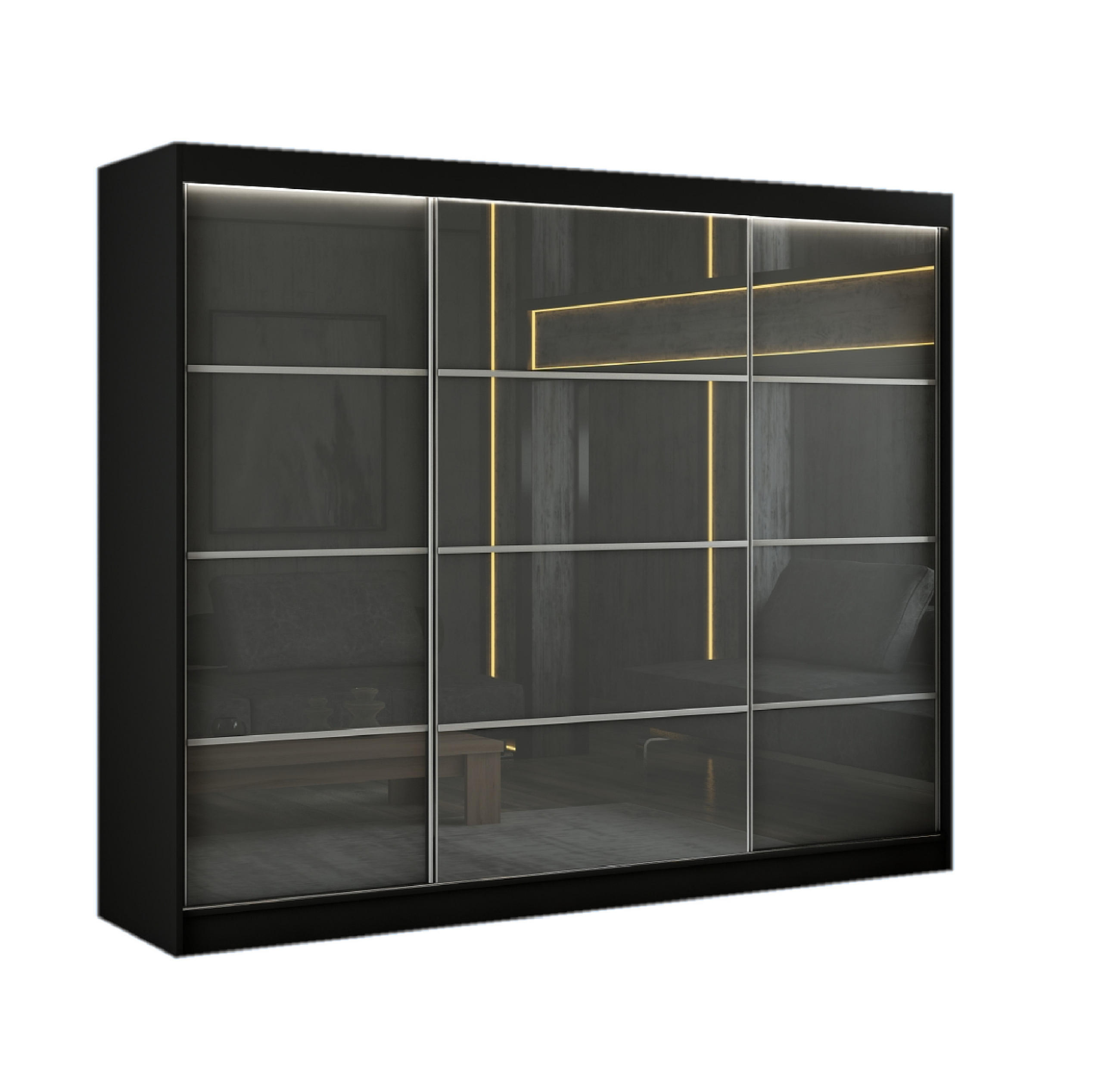 SCHWEBETÜRENSCHRANK Porto III 250 cm 3-türig, schwarz, lacobel grau, Sprosse - Schwarz/Grau, Kunststoff (250/215/61cm) - Margaret Hadas24