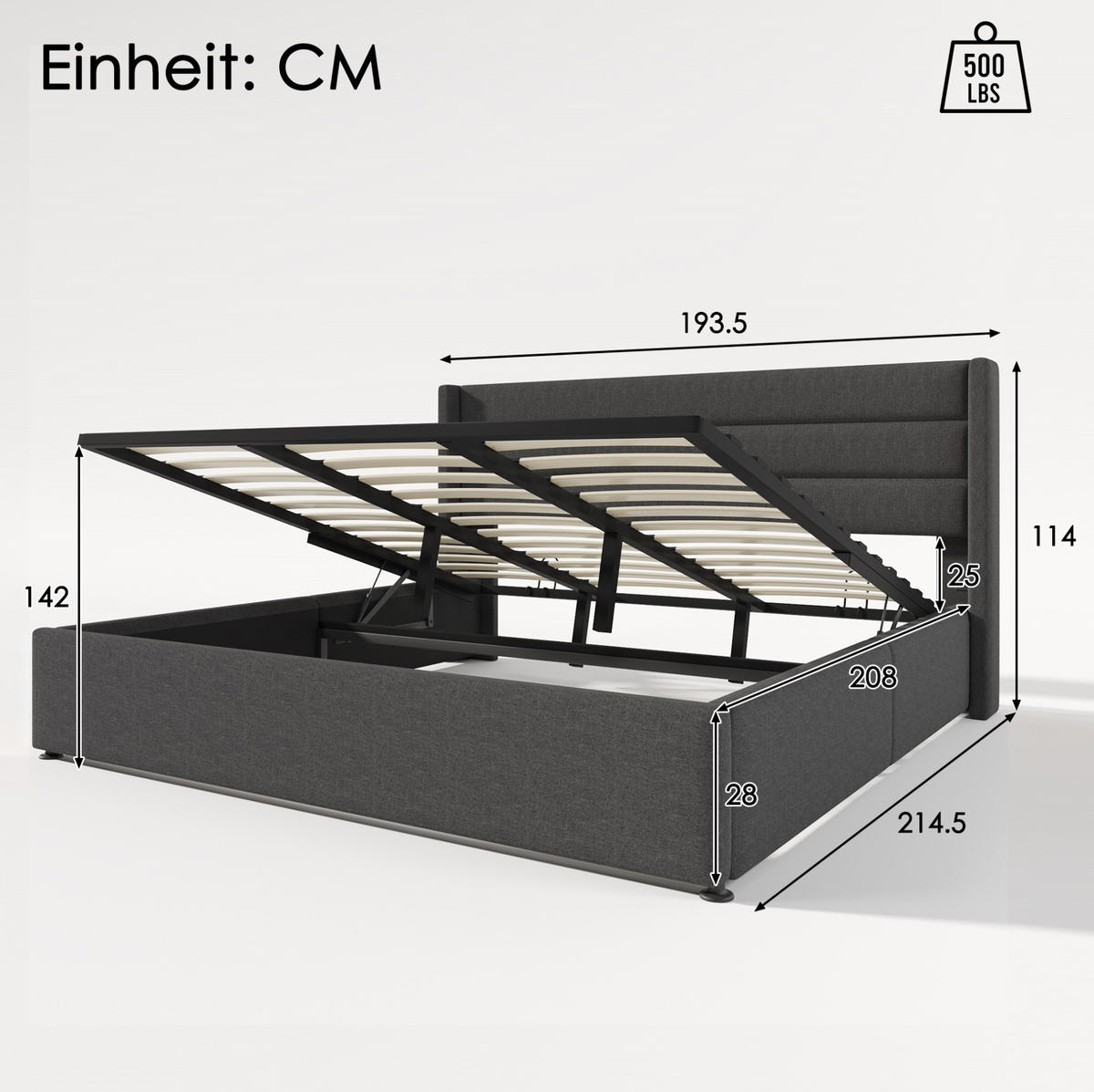 POLSTERBETT aus Leinen 180x200 cm in Grau mit hydraulischem Stauraum - Grau, Textil (180/200cm) - Modfu