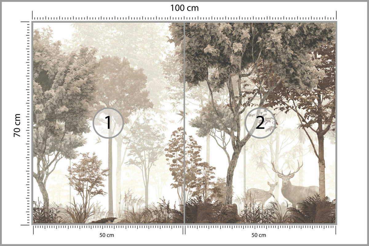 FOTOTAPETE für Esszimmer Vintage Wald Bäume Hirsche 100x70 - Gelb/Beige, Papier (100/70cm) - Muralo