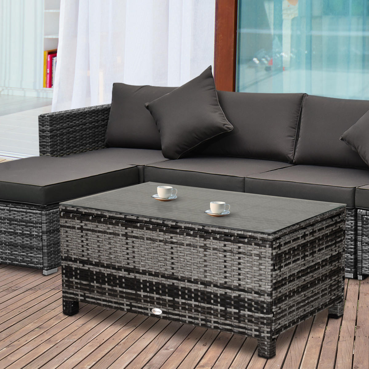 GARTENBEISTELLTISCH DE-13569 mit Geflecht und Glasplatte Grau - Grau, Metall (85/50/39cm) - ComfortXL