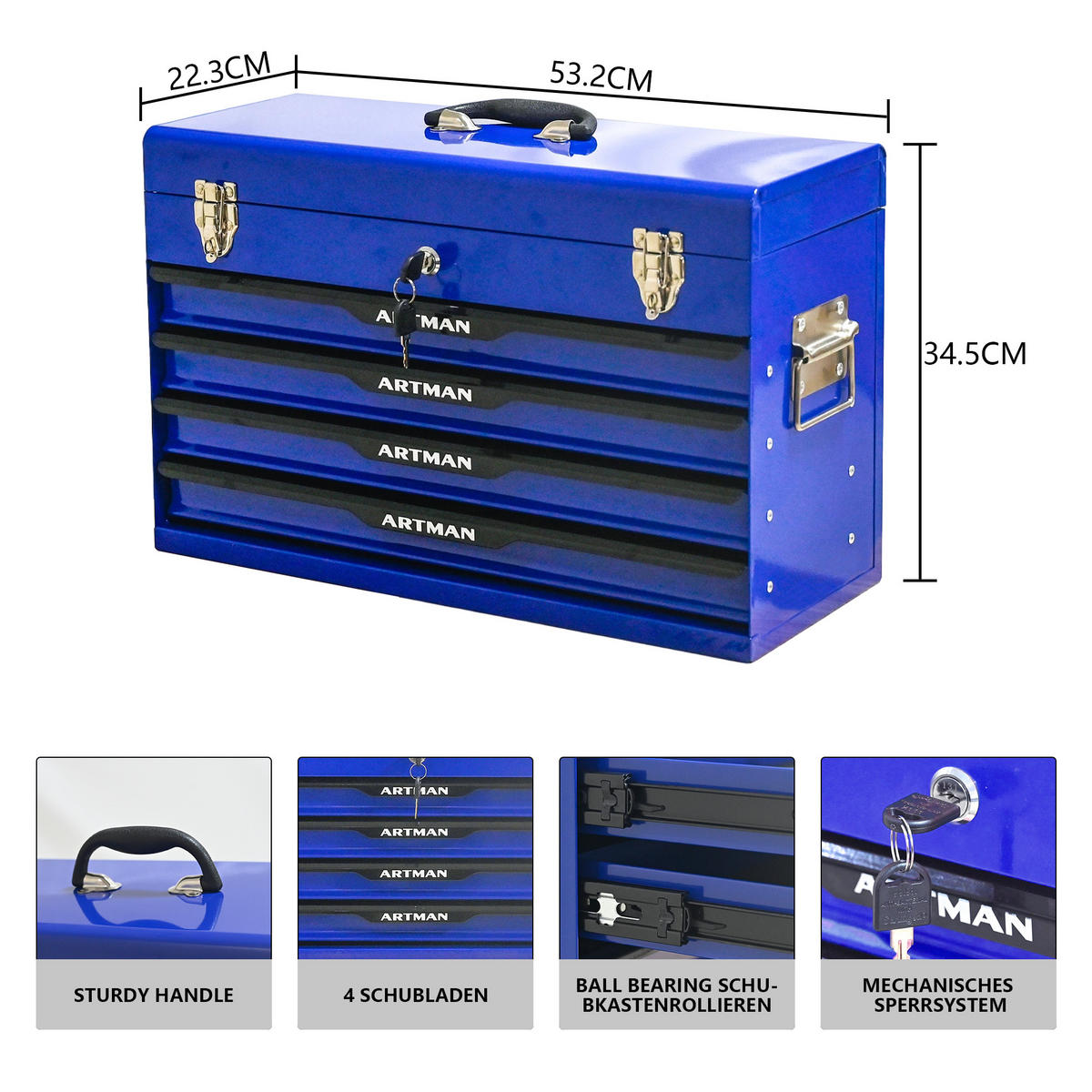 WERKZEUGKISTE 20 Zoll mit 3 Schubladen, pulverbeschichteter Stahl, Blau - Blau, Metall (22.3/34.5/53.2cm) - Novahome