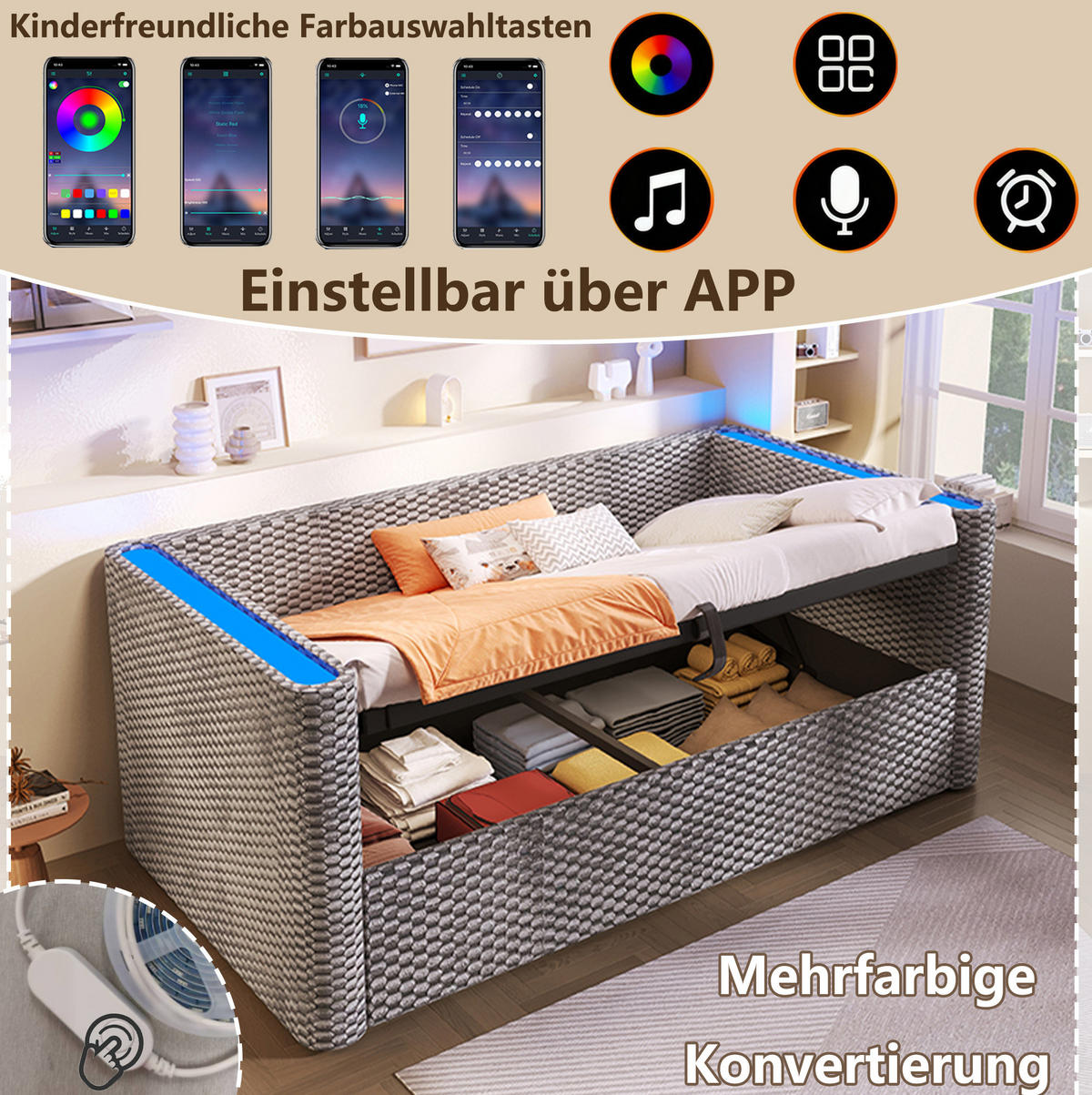 BETT 90/200 cm Grau aus Samt und MDF mit Stauraum und LED-Beleuchtung - Grau, Textil (90/200cm) - OKMYHOME