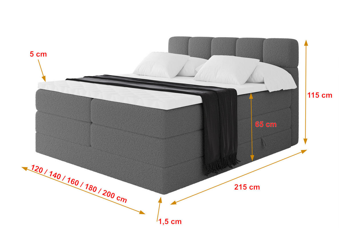 BOXBETT mit Matratze H3/H4 - FAMA KING - 180x200 cm Grau Quelle - Schieferfarben, Holzwerkstoff (180/200cm) - ALTDECOR