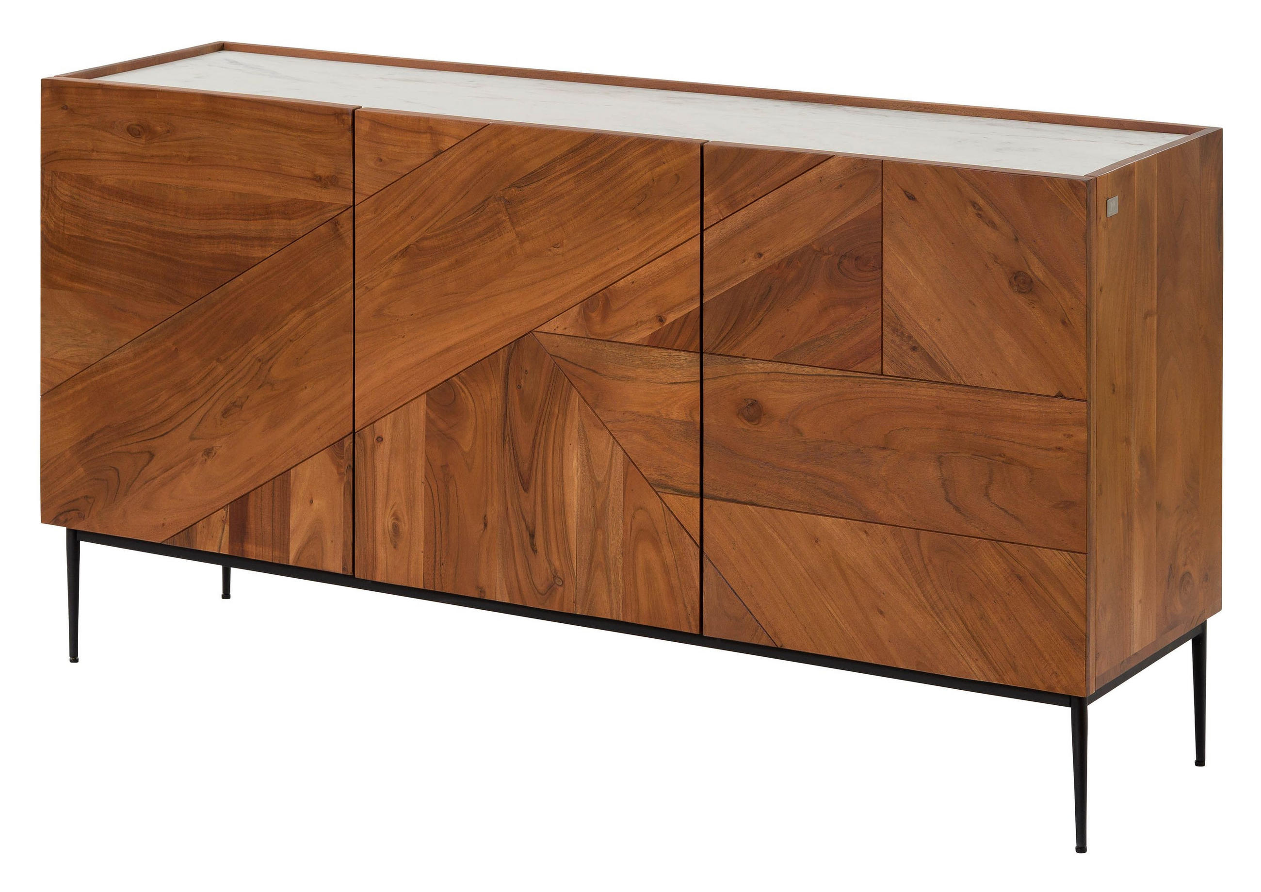 SIDEBOARD Akazie 147x40x76 natur lackiert / Marmor weiß KARLSTAD #15 - Braun, Holz (147/76/40cm) - Massivmoebel24