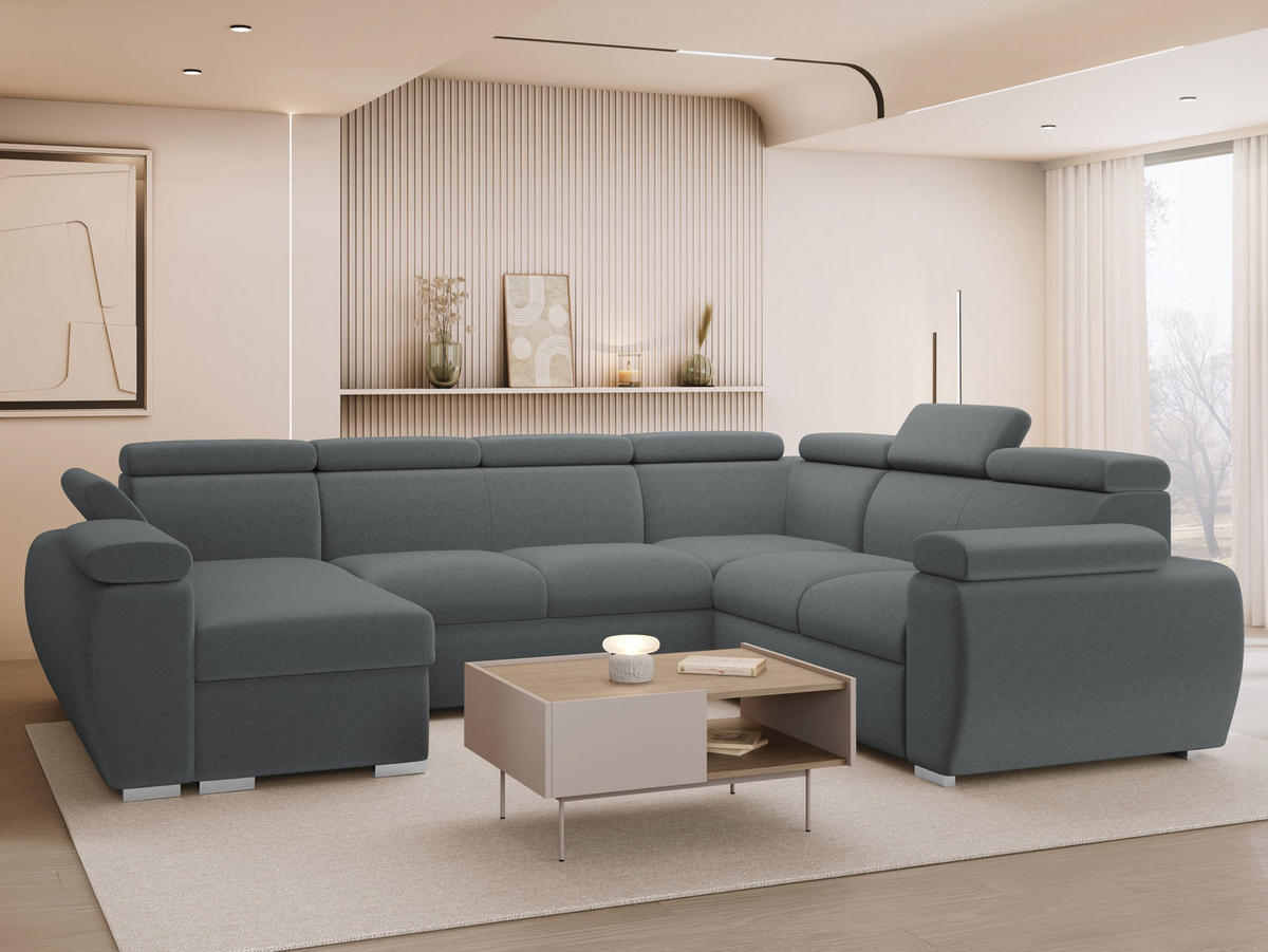 WOHNLANDSCHAFT Boston U, Seite: Links - LC+2P+R+2R - Chromfarben/Grau, Holz/Textil (325/98/260cm) - MIRJAN24