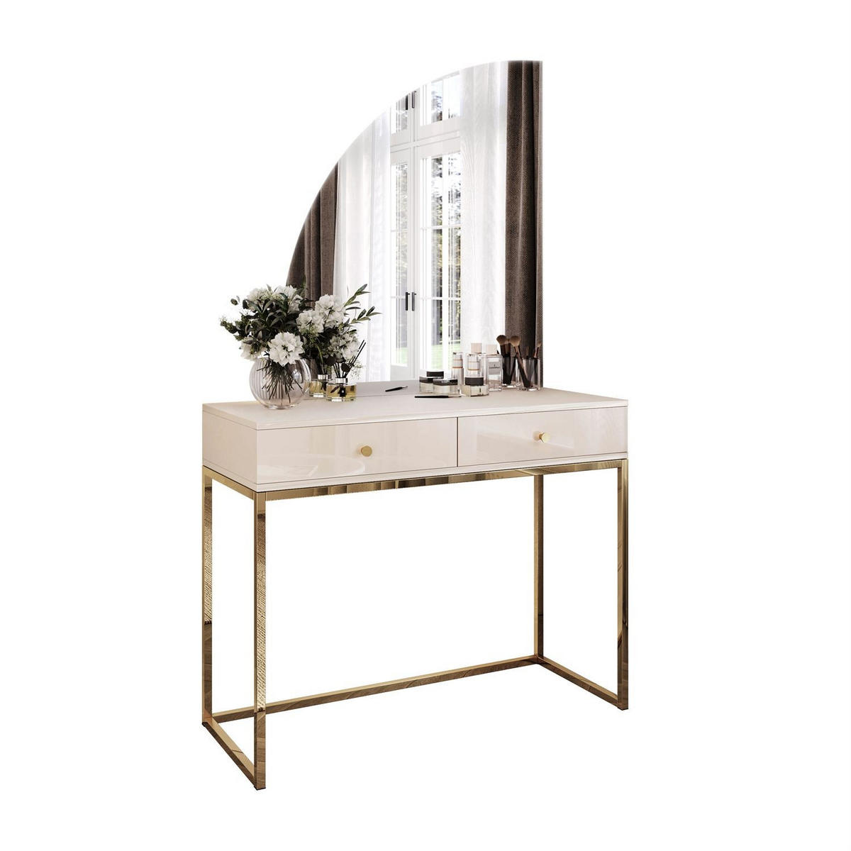 SCHMINKTISCH QUINNIE KASCHMIR mit LED-Spiegel gold Chrom links gold Griff - Kaschmir/Goldfarben, Holzwerkstoff (100/175/42cm) - Lookway