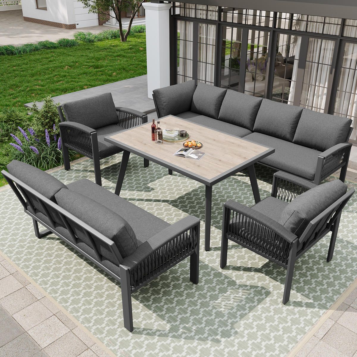 GARTEN-LOUNGE-SET mit Tisch 100/60/72 cm, verzinktes Metallgestell, Seilgeflecht und Kissen, Grau - Grau, Metall - Redom