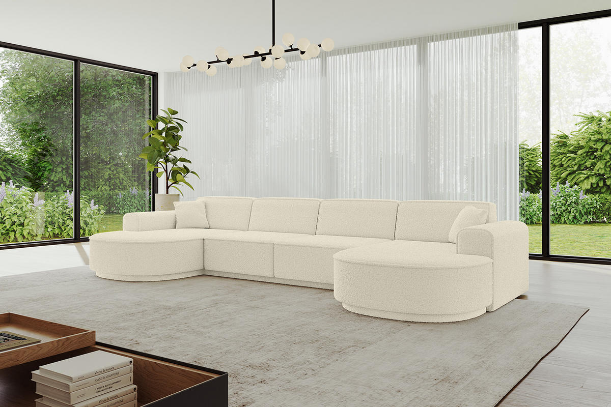 WOHNLANDSCHAFT MARI-U2-v3 - 388x171x83 cm Beige Bouclé - Beige/Schwarz, Holzwerkstoff/Kunststoff (388/83/171cm) - ALTDECOR