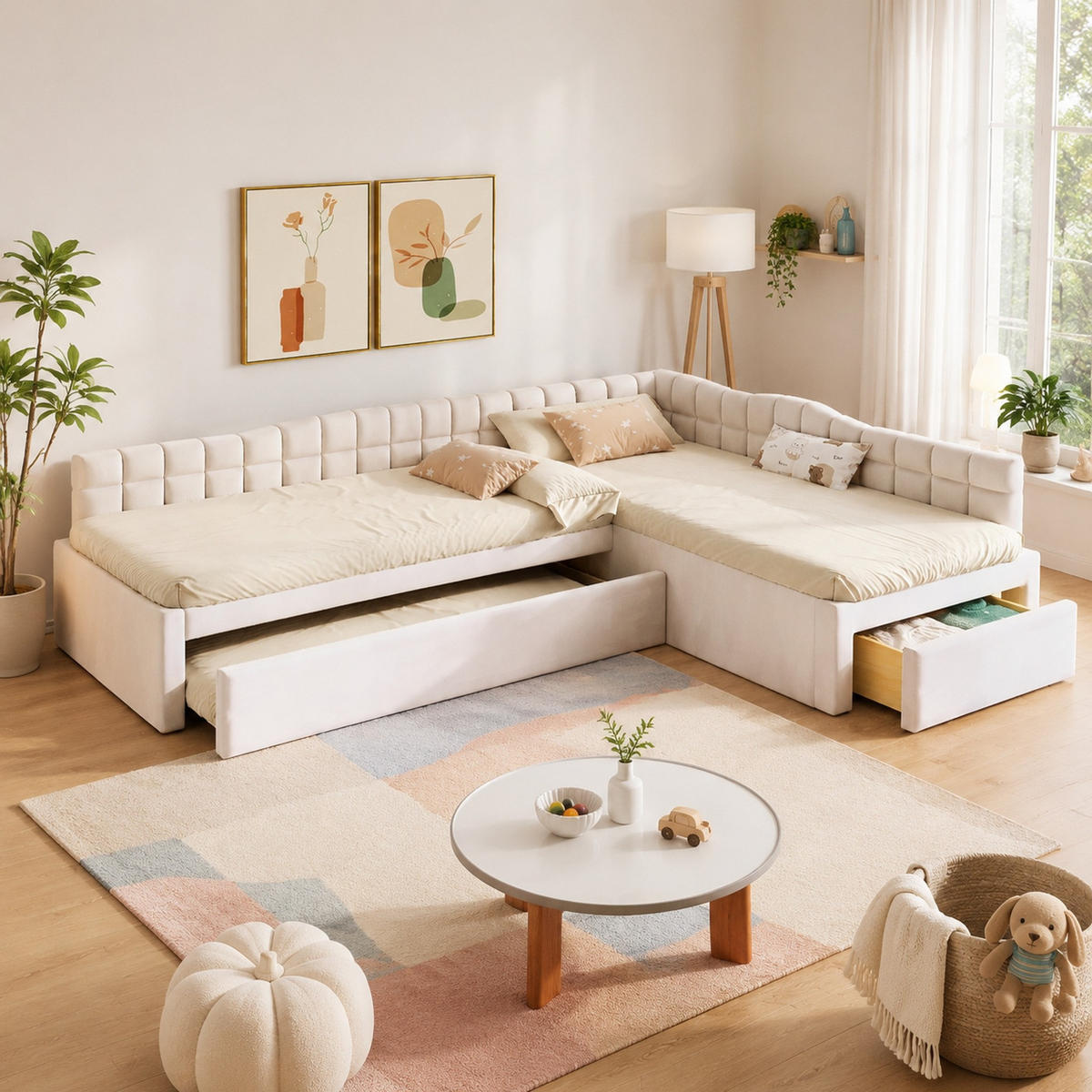 POLSTERBETT 90/200 mit Ausziehbett, Schubladen und Samtbezug in Beige - Beige, Holzwerkstoff/Textil (90/200cm) - EVRYAE