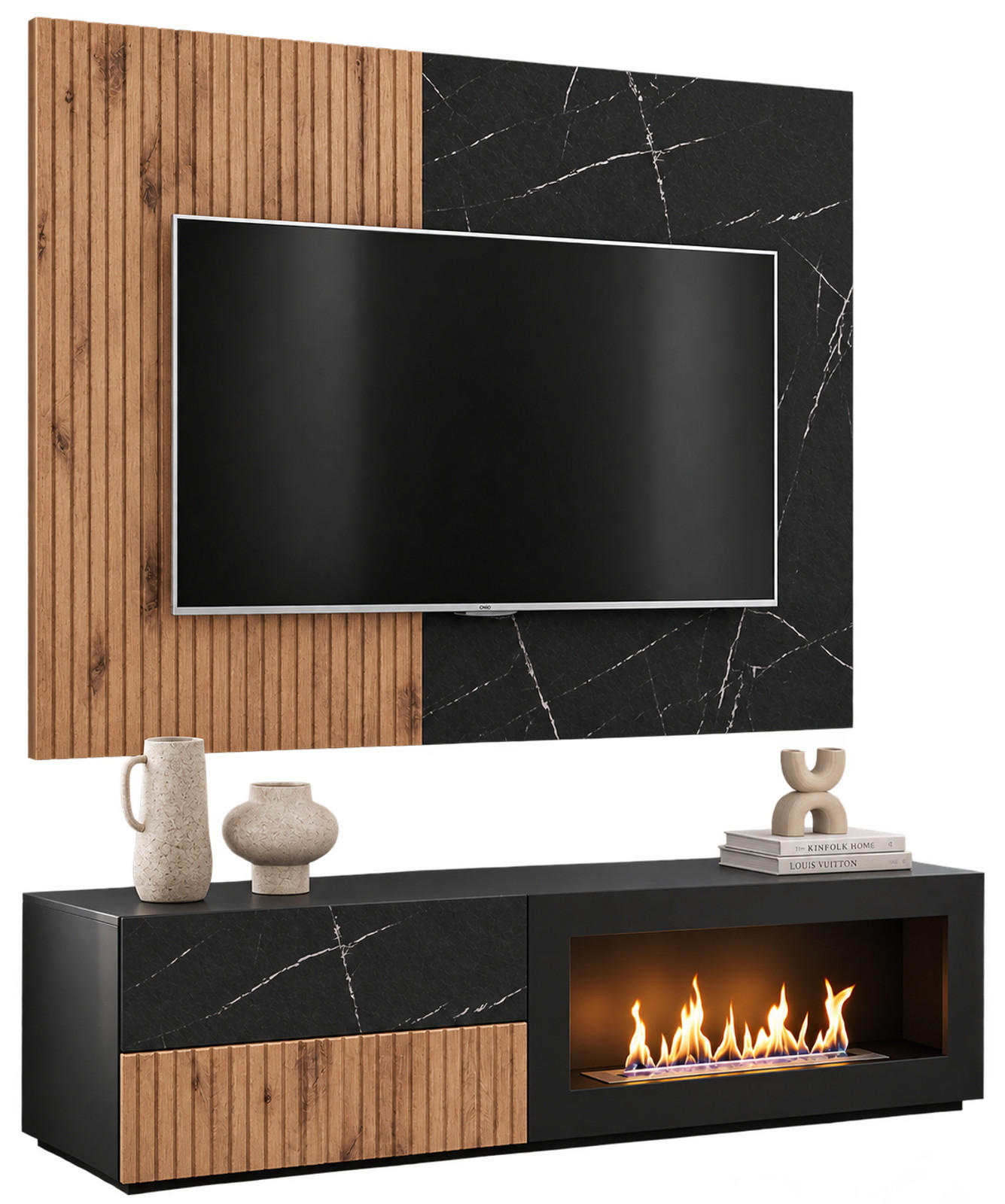 TV-LOWBOARD Eiche, Marmor schwarz 160 cm, TV Unterschrank Set mit Ethanol Kamin - Eichefarben/Schwarz, Holzwerkstoff/Kunststoff (160/180/45cm) - Inn.Furn
