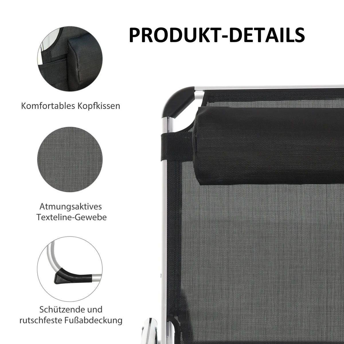 SONNENLIEGE aus Aluminium 165x60x76 cm in Schwarz mit 4-fach verstellbarer Rückenlehne - Schwarz, Metall (60/76/165cm) - Modfu