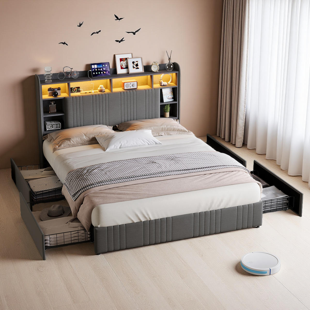 POLSTERBETT 140x200 GRAU Leinenstoff, 4 Schubladen, LED, USB/USB-C - Grau, Holz - SHOPENTRA