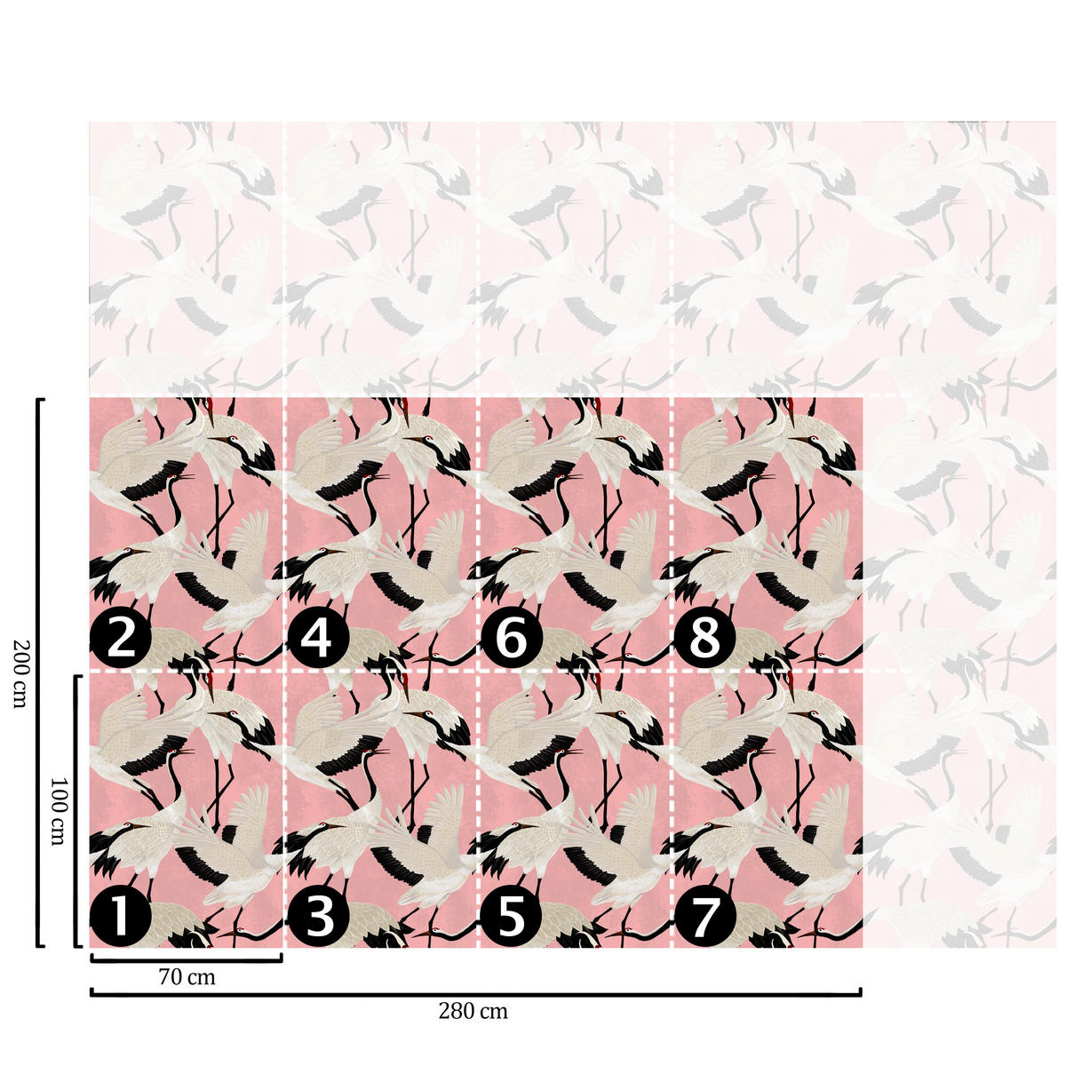 TAPETE Reiher aus echtem Papier, 200x280cm, 8 Bögen - Pink, Papier (200/280cm) - WALLPAPERS4BEGINNERS