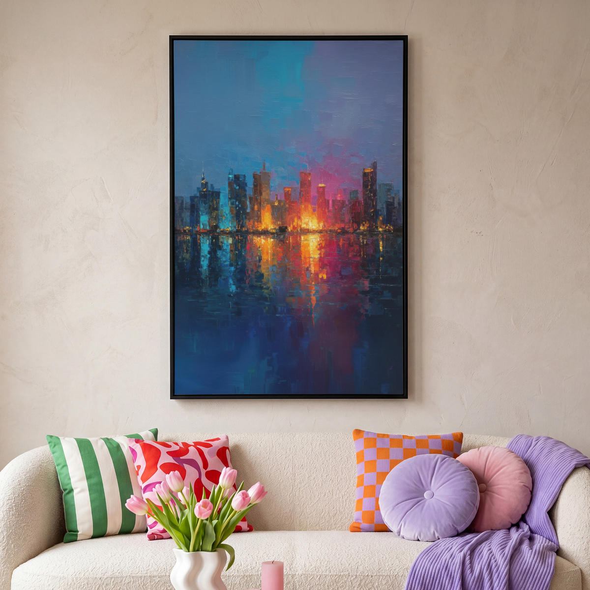 LEINWAND Bilder mit Rahmen - Skyline - Pinselstriche - Dunkelblau - Leuchtend - 90x140 - Blau, Textil (90/140cm) - MuchoWow