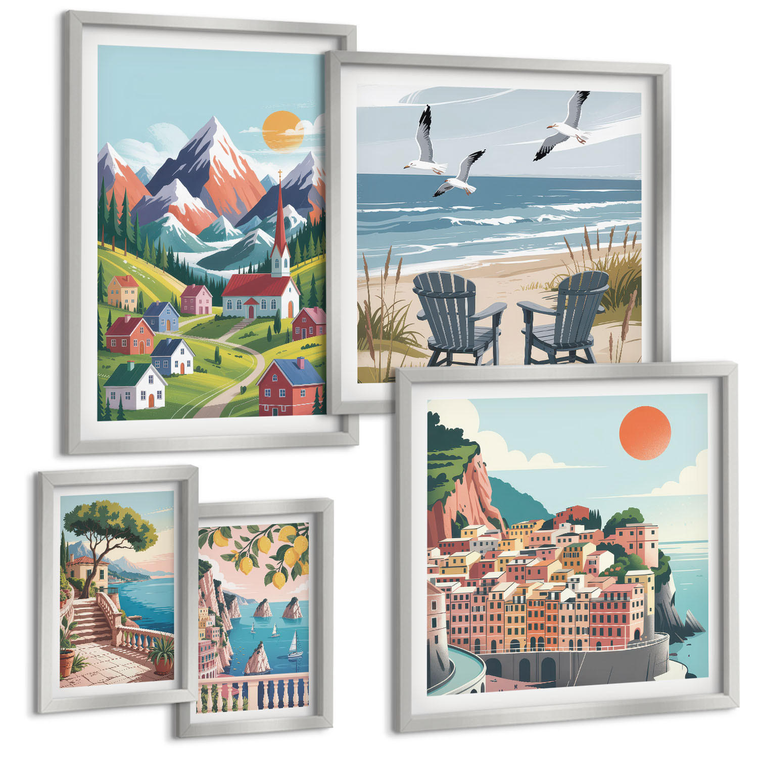 BILDER SET 5er Set - 50x50 cm & 20x30 cm & 40x60 cm Silberner Rahmen - Pastellfarbene Küstenhäuser - Silberfarben, Kunststoff (40/60cm) - TULUP