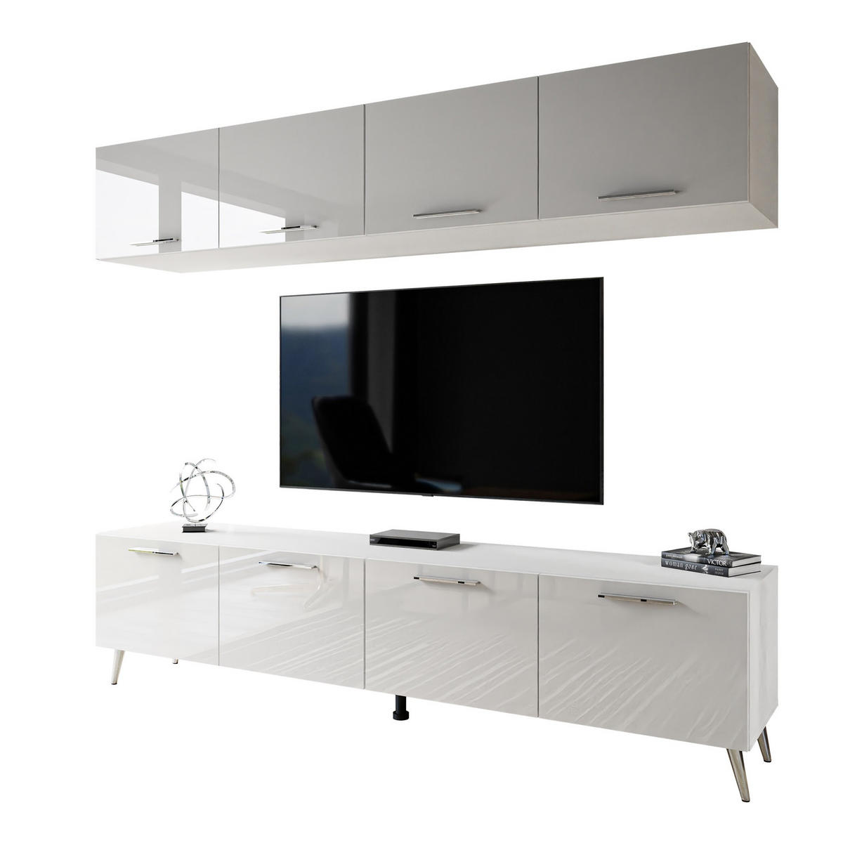 WOHNWÄNDE AURA mit Griffen Weiß Hochglanz mit LED-Beleuchtung – Füße in Chrom - Weiß Hochglanz/Silberfarben, Holzwerkstoff (200/49/40cm) - Lookway