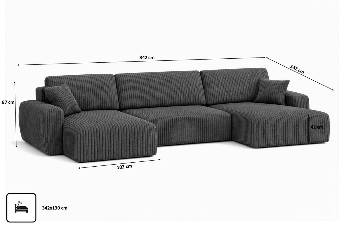 ECKSOFA Mit Schlaffunktion Und Bettkasten U-Form Ariel U, Cordstoff Poso, Grau - Grau, Holz (342/142cm) - Kaiser Möbel