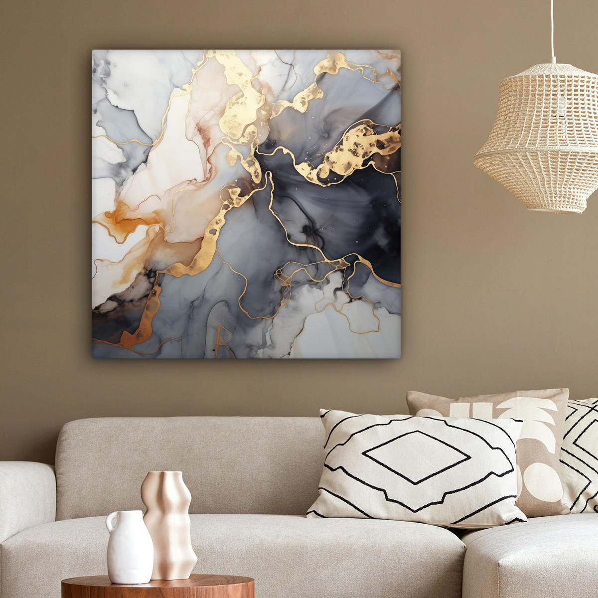 LEINWANDBILD Marmor - Schwarz - Gold - Weiß 90x90 cm - Dunkelgrau, Textil (90/90cm) - MuchoWow