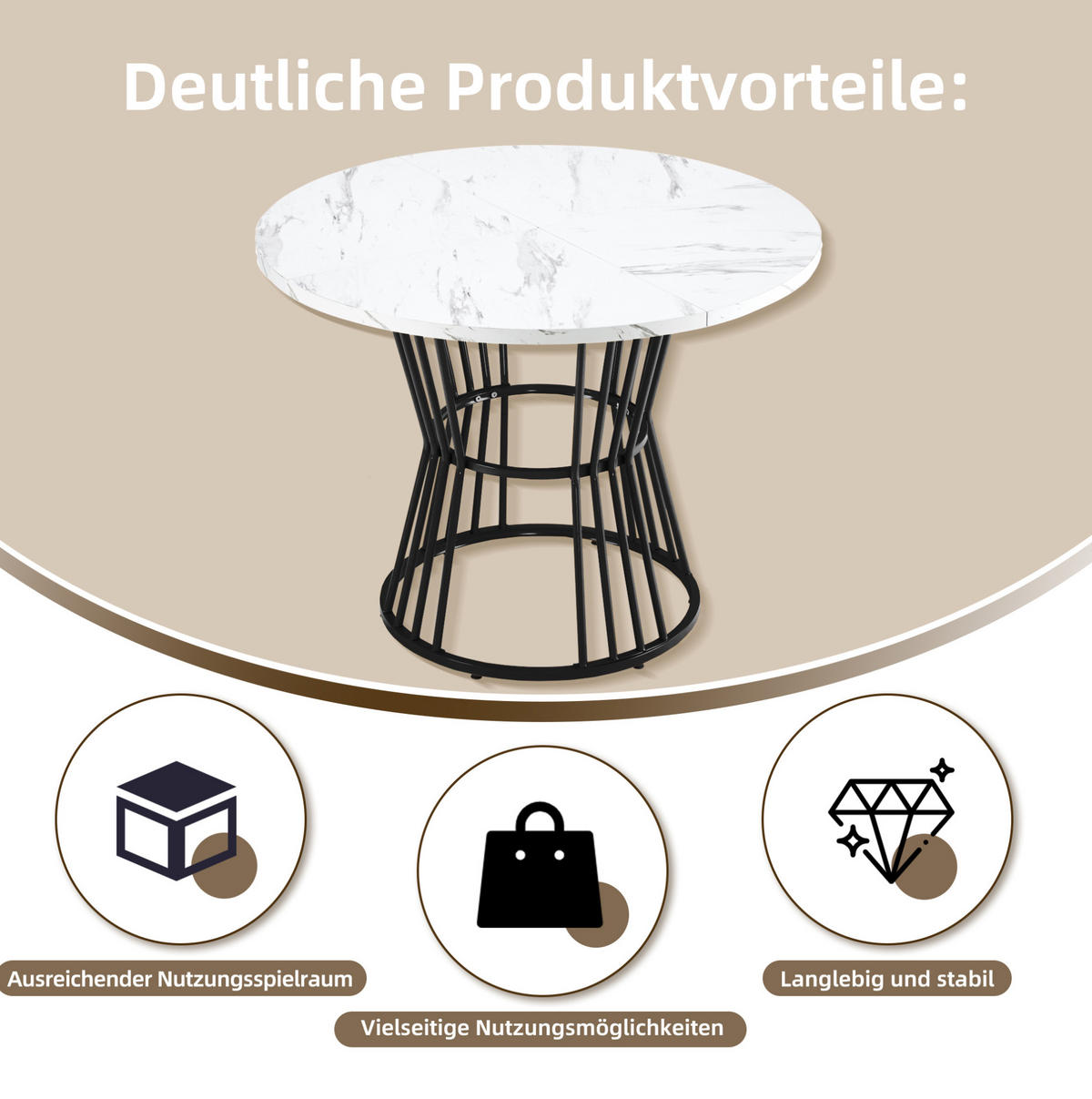 ESSTISCH, MDF mit Marmormuster & Metallgestell, Ø 100/75 cm, Schwarz - Schwarz, Holzwerkstoff (100/100/75cm) - Redom