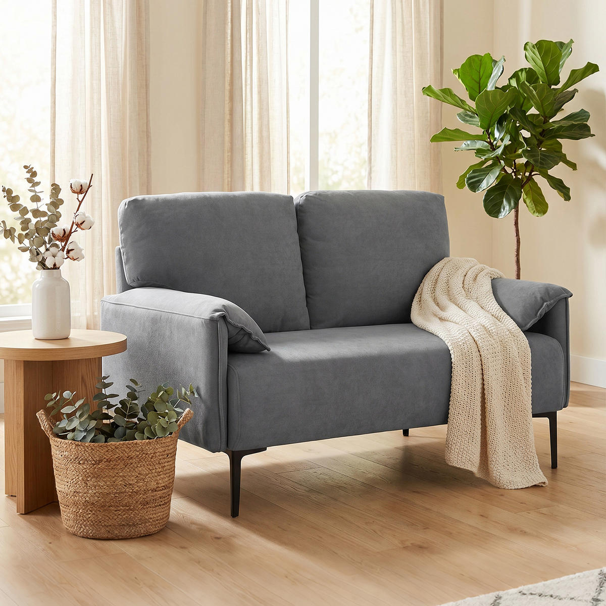 SOFA, 2-Sitzer, samtiger Bezug, dicke Kissen, schwarz - Multicolor, Holzwerkstoff (127/84/72cm) - FORIOUS