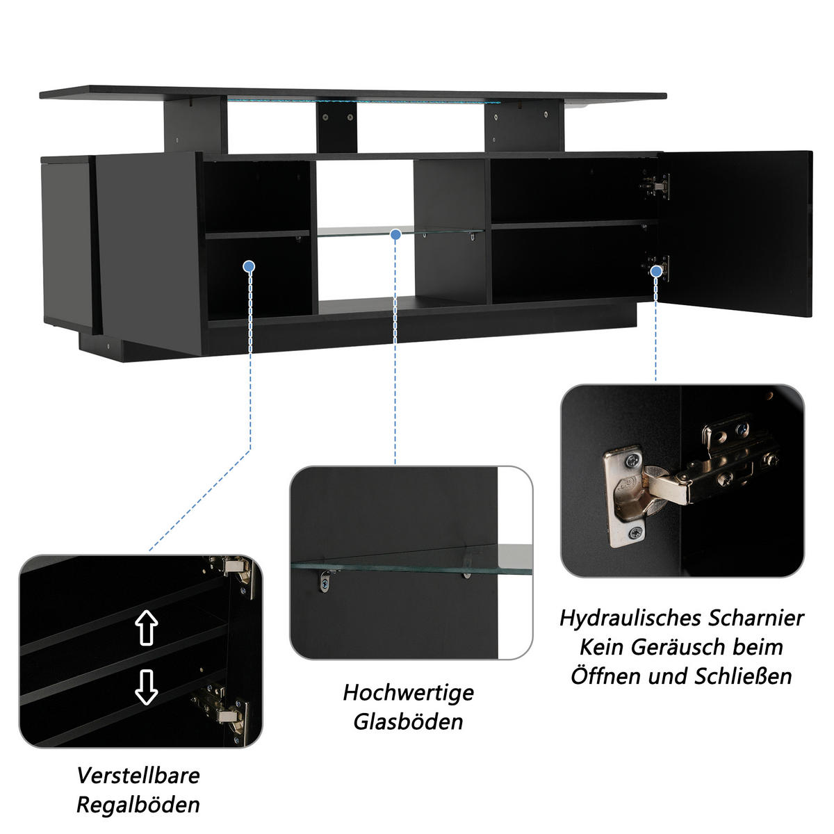 TV-SCHRANK 140cm 16-Farben LED Hochglanz Glasfach Schwarz - Schwarz, Holzwerkstoff (35/55/140cm) - FLIEKS