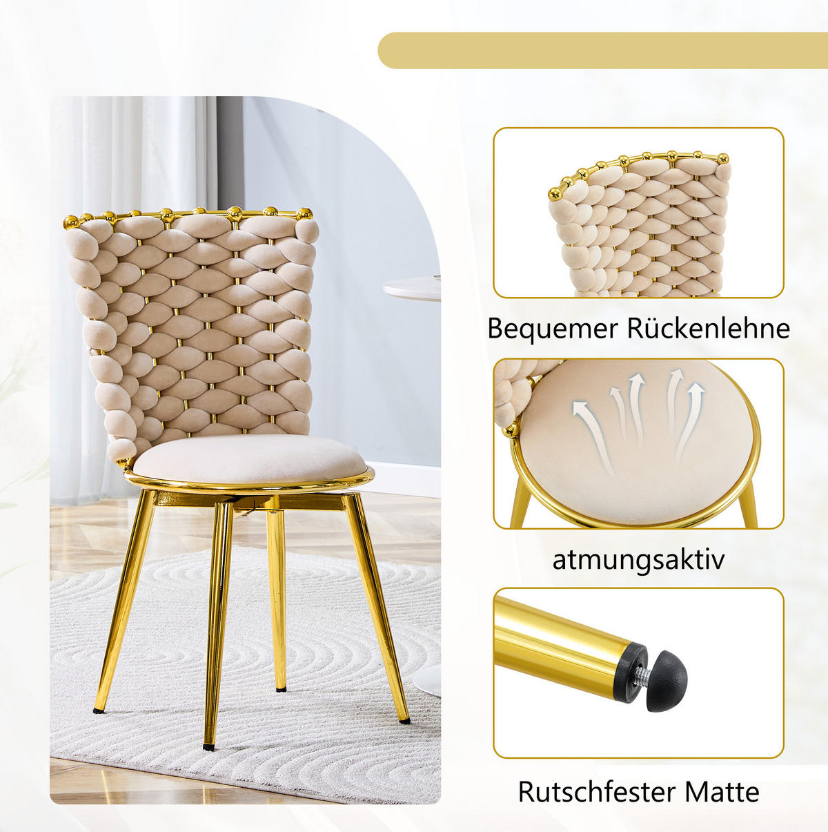 ESSZIMMERSTUHL 2er-Set Samt Beige mit goldfarbenen Metallbeinen - Beige, Metall (50.8/87.63/53.3cm) - Meubliv