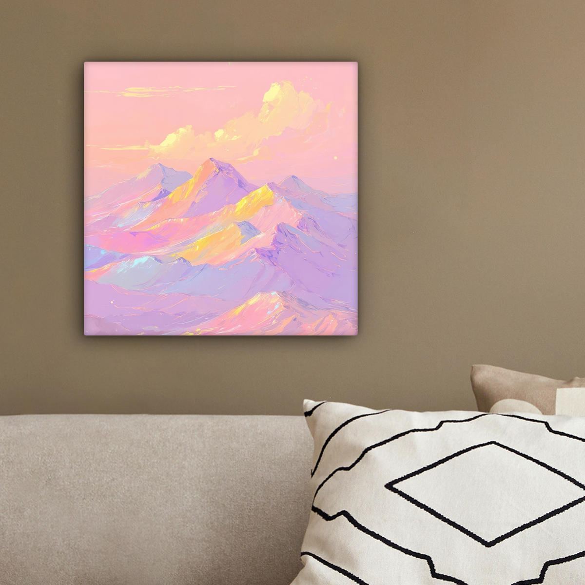 LEINWANDBILD Berggipfel - Wolken - Verträumt Deko Wohnzimmer 20x20 cm - Hellrosa, Textil (20/20cm) - MuchoWow