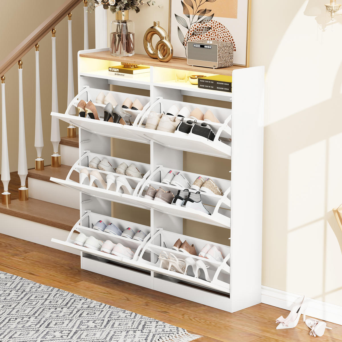 SCHUHSCHRANK Modern mit LED Weiß Natural 120x24x130cm - Multicolor, Holzwerkstoff (24/130/120cm) - FLIEKS