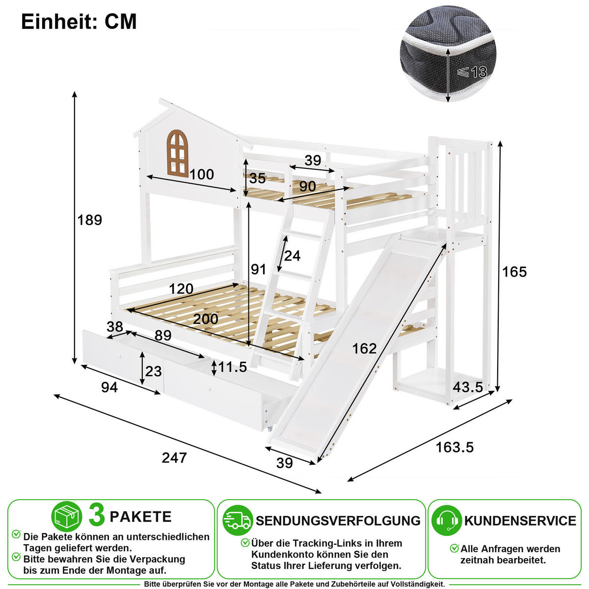 ETAGENBETT 90/200 cm & 120/200 cm in Weiß mit Rutsche und 2 Schubladen - Weiß, Holz/Holzwerkstoff (90/200cm) - CHICFURN