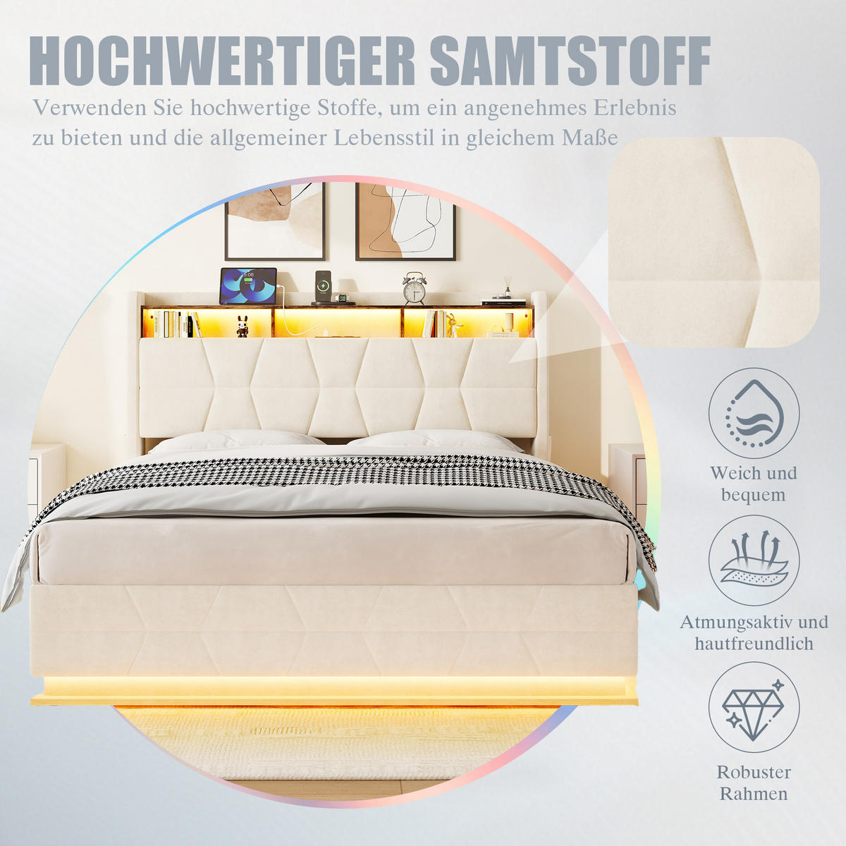 POLSTERBETT 140/200 cm in Beige mit Regal, Seitentaschen, LED und USB/Type-C Samt - Beige, Holzwerkstoff/Textil (140/200cm) - STILVORA