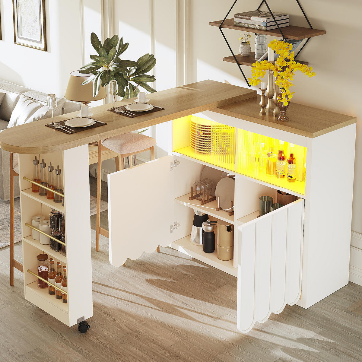 BARTISCH Ausziehbar 135-205cm LED Stauraum Weiß - Weiß, Glas (39/135/100cm) - FLIEKS