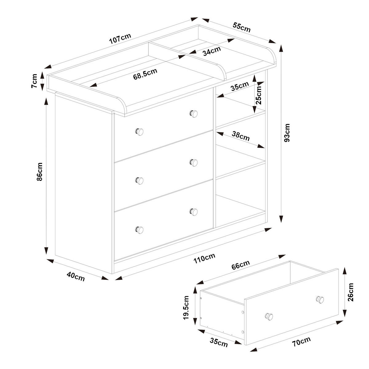 PŘEBALOVACÍ PŘÍSTROJ Beldinupp - bílá, kompozitní dřevo (55/93/110cm) - [en.casa]