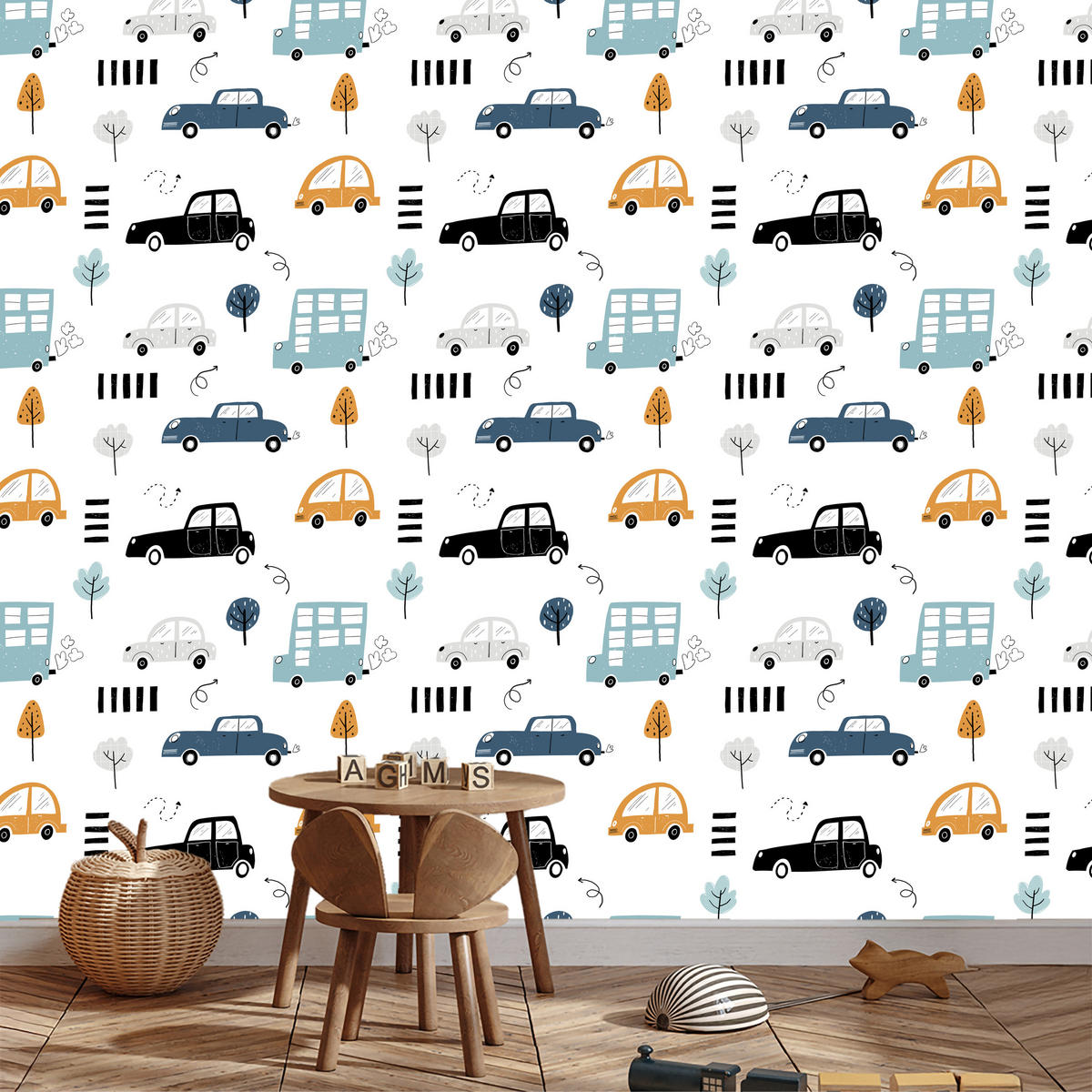 VLIESTAPETE Autos und Bäume – Blau, Gelb, Weiß – 50x1000 cm - Blau/Gelb, Papier (50/1000cm) - Muralo