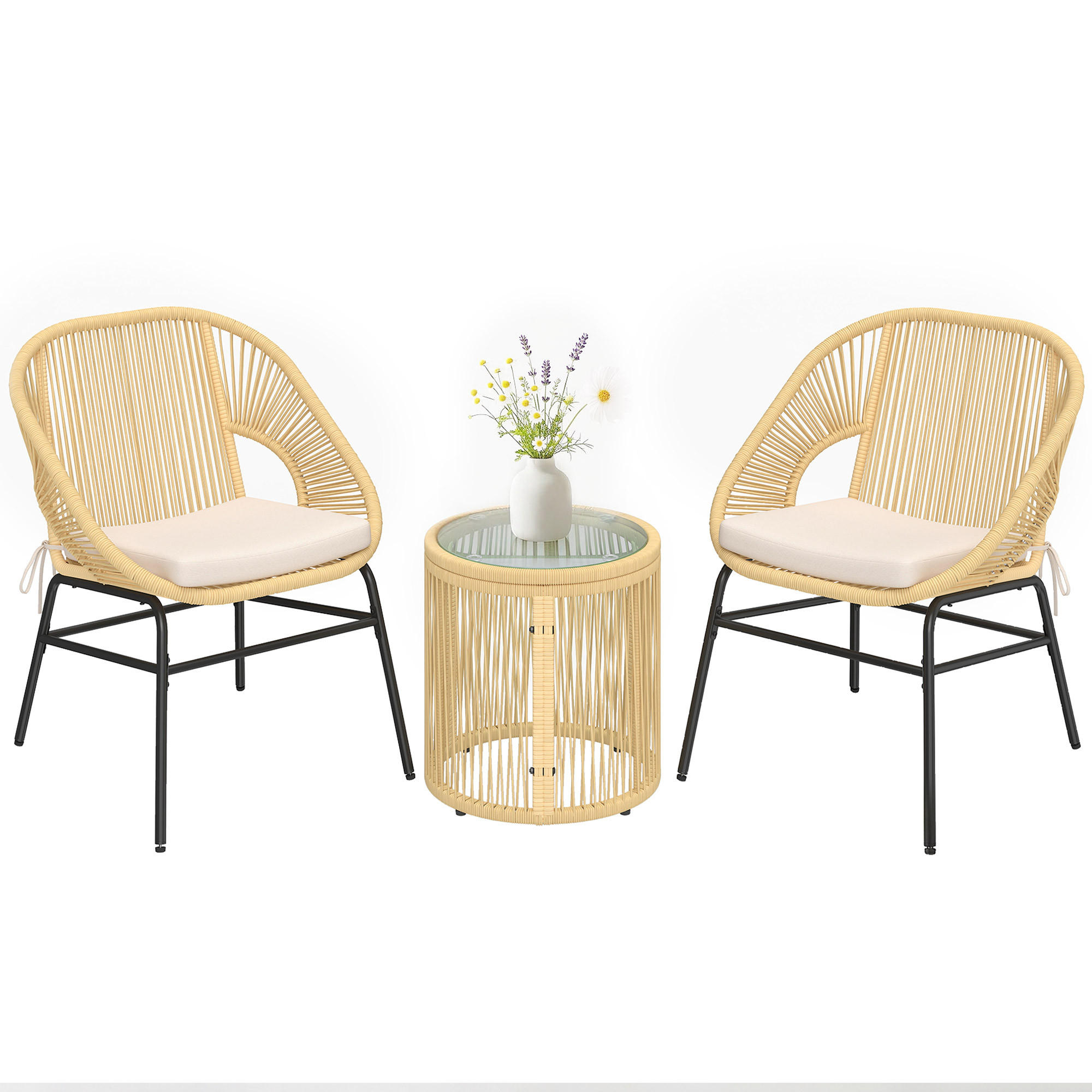 BISTROTSET 3tlg DE-13698 mit Glastisch und Polsterkissen Beige - Beige, Metall - ComfortXL