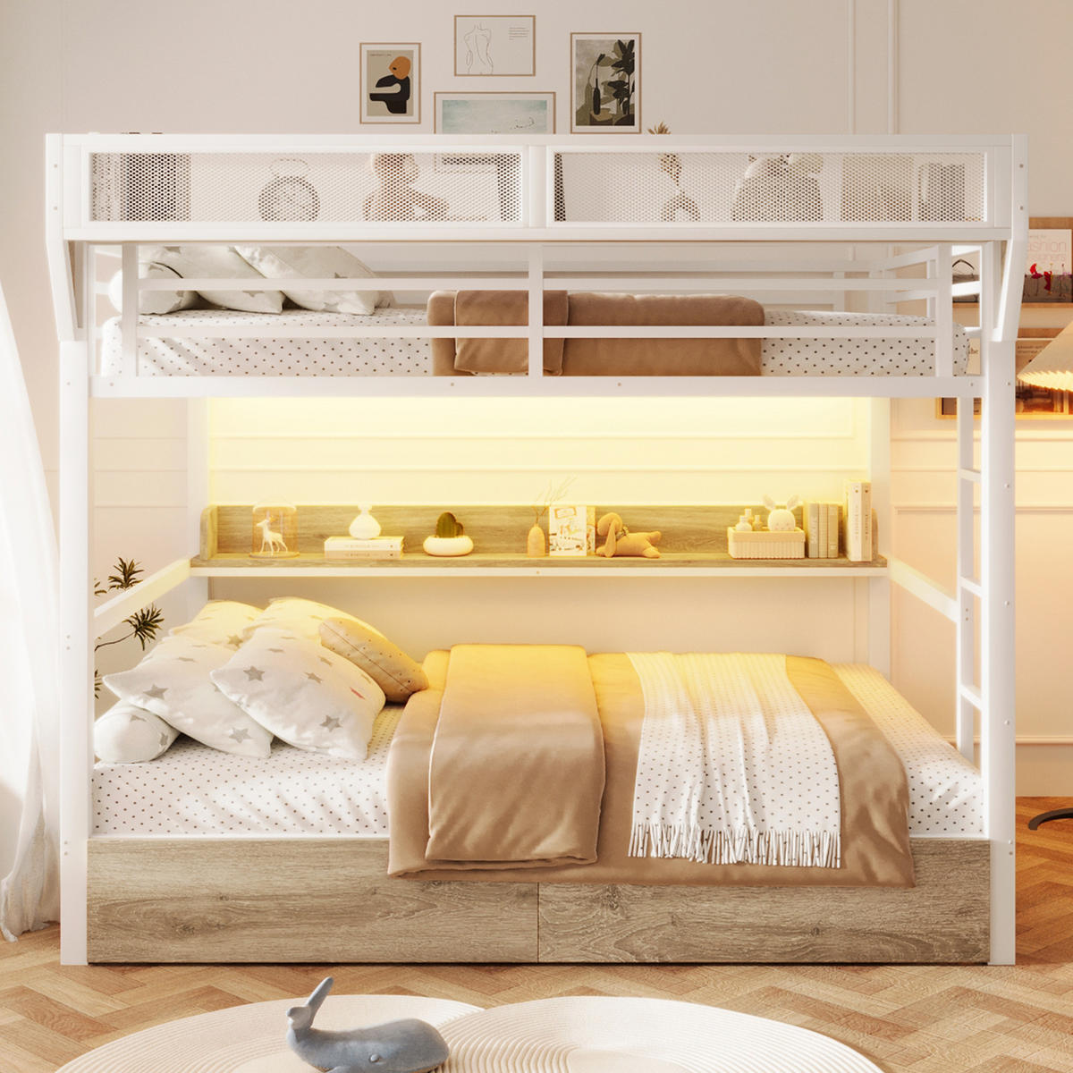 ETAGENBETT 140/200 cm in Weiß mit Ablagebord, Aufbewahrungskorb, Schubladen und LED - Weiß, Holzwerkstoff/Metall (140/200cm) - WISHDOR