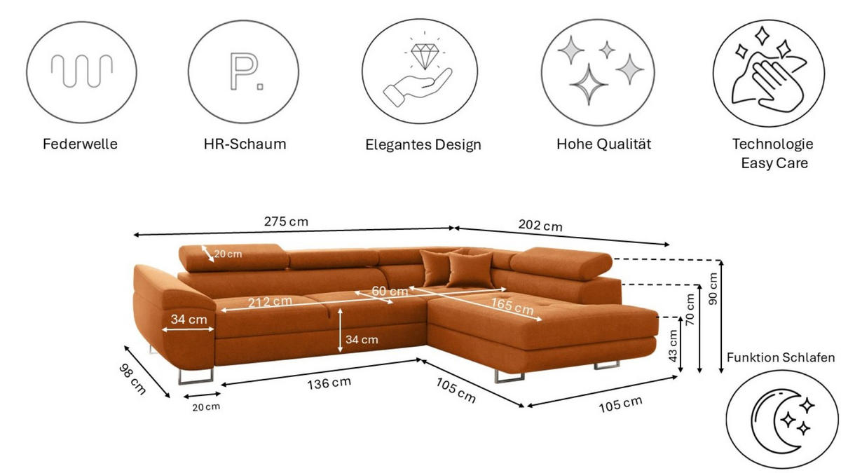 ECKSOFA FALIO L-Form Mit Schlaffunktion Im Modernen Stil Für Das Wohn Und Schlafzimmer Orange Rechts - Orange, Holz/Textil (275/202cm) - Kaiser Möbel