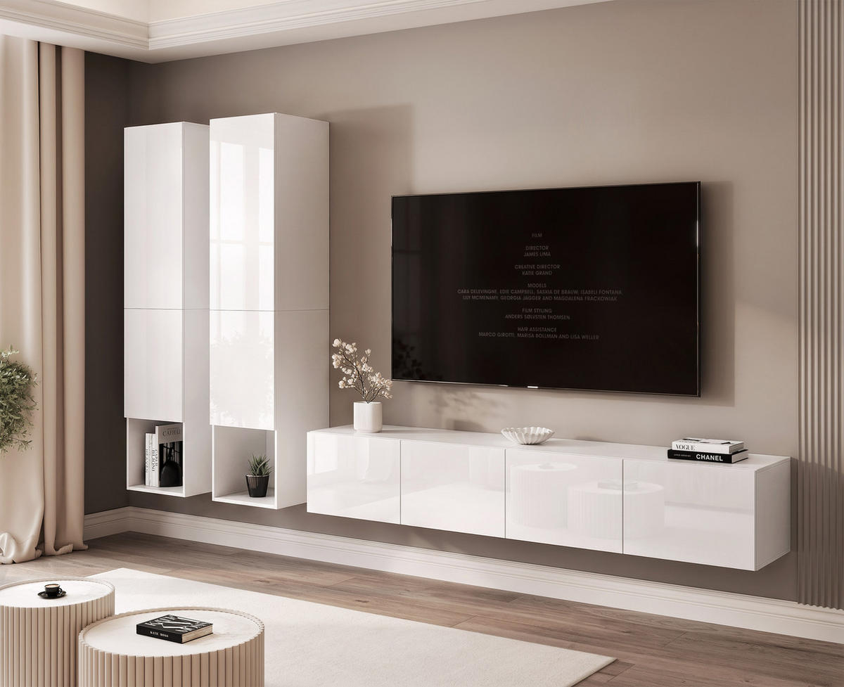WOHNWAND ANGEL LINE II 3-teilig, mit LED-Beleuchtung, Weiß Hochglanz - Weiß Hochglanz, Holzwerkstoff (280/180/40cm) - Idohome