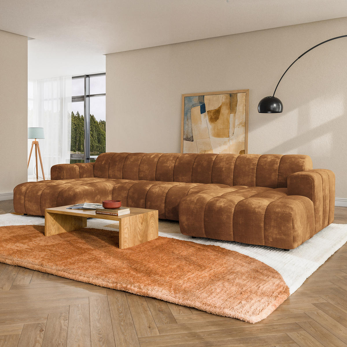 WOHNLANDSCHAFT AENIS Hellbraun Chenille - Hellbraun, Holz (398/85/165cm) - MASSENO