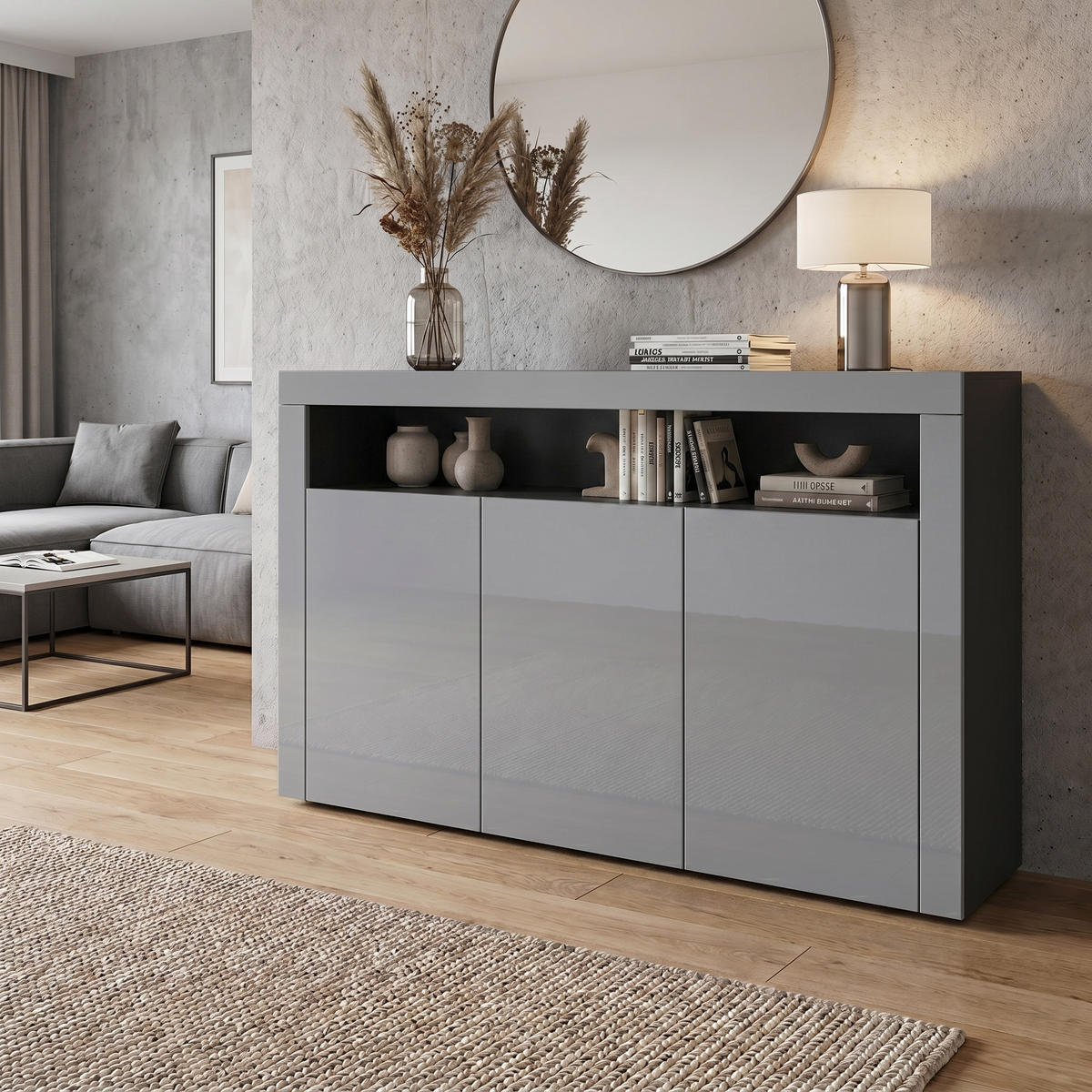 SIDEBOARD Valencia Grau Hochglanz / Grau Hochglanz - Grau, Holzwerkstoff (155/92/40cm) - Vladon