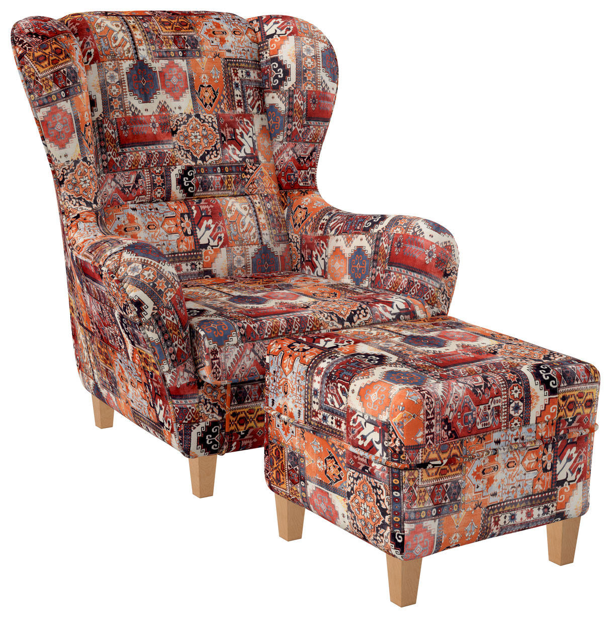 OHRENSESSEL Sofia Relaxsessel mit Hocker | Design Samt-Velours Orient Terra - Dunkelorange, Textil (92/68/95cm) - Supellex