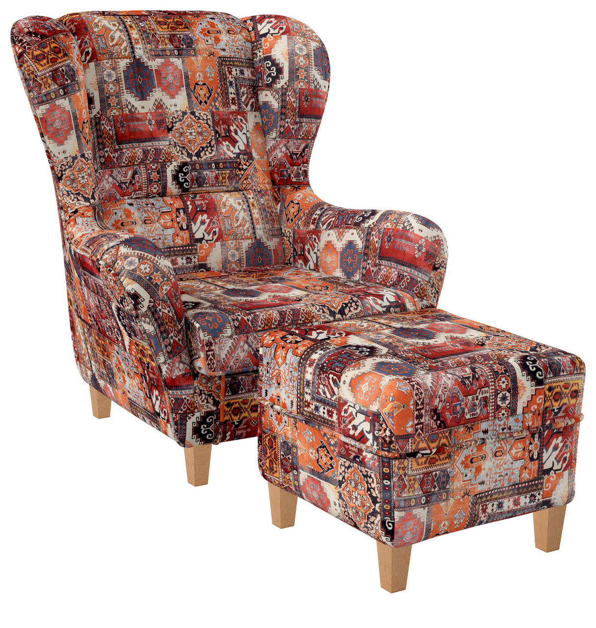 OHRENSESSEL Sofia Relaxsessel mit Hocker | Design Samt-Velours Orient Terra - Dunkelorange, Textil (92/68/95cm) - Supellex