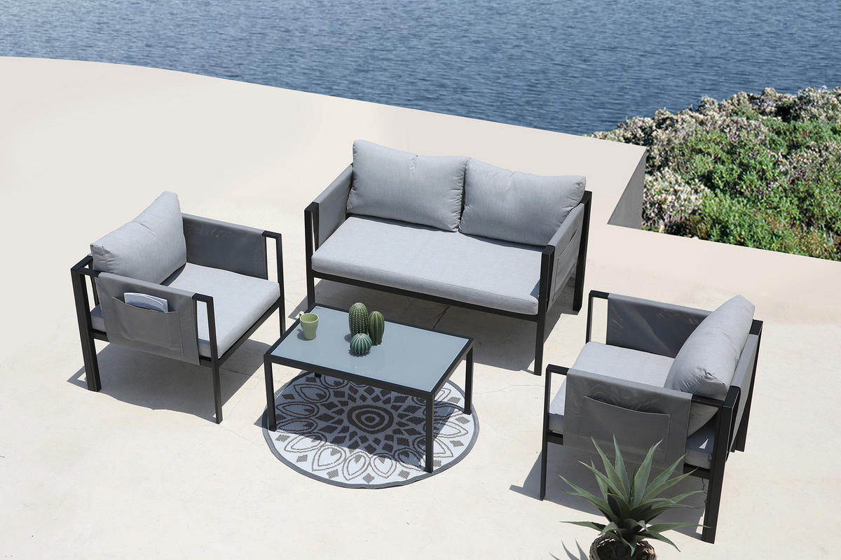 SITZGRUPPE Yolo 2-Sitzer + 2 Sessel, 1 Couchtisch, Sitz- + Rückenkissen - Schwarz, Metall - TPFGarden