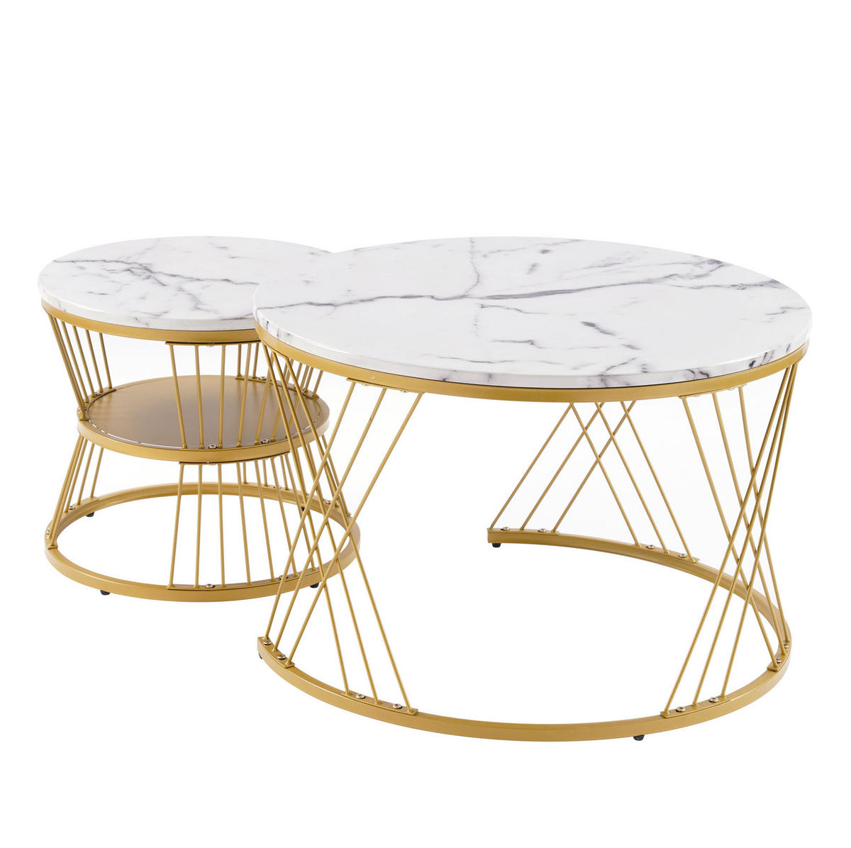 COUCHTISCH-SET 70/70/47 & 45/45/40 cm in Weiß mit Marmormuster und Goldoptik - Weiß, Holzwerkstoff (70/70/45cm) - Flora Grace