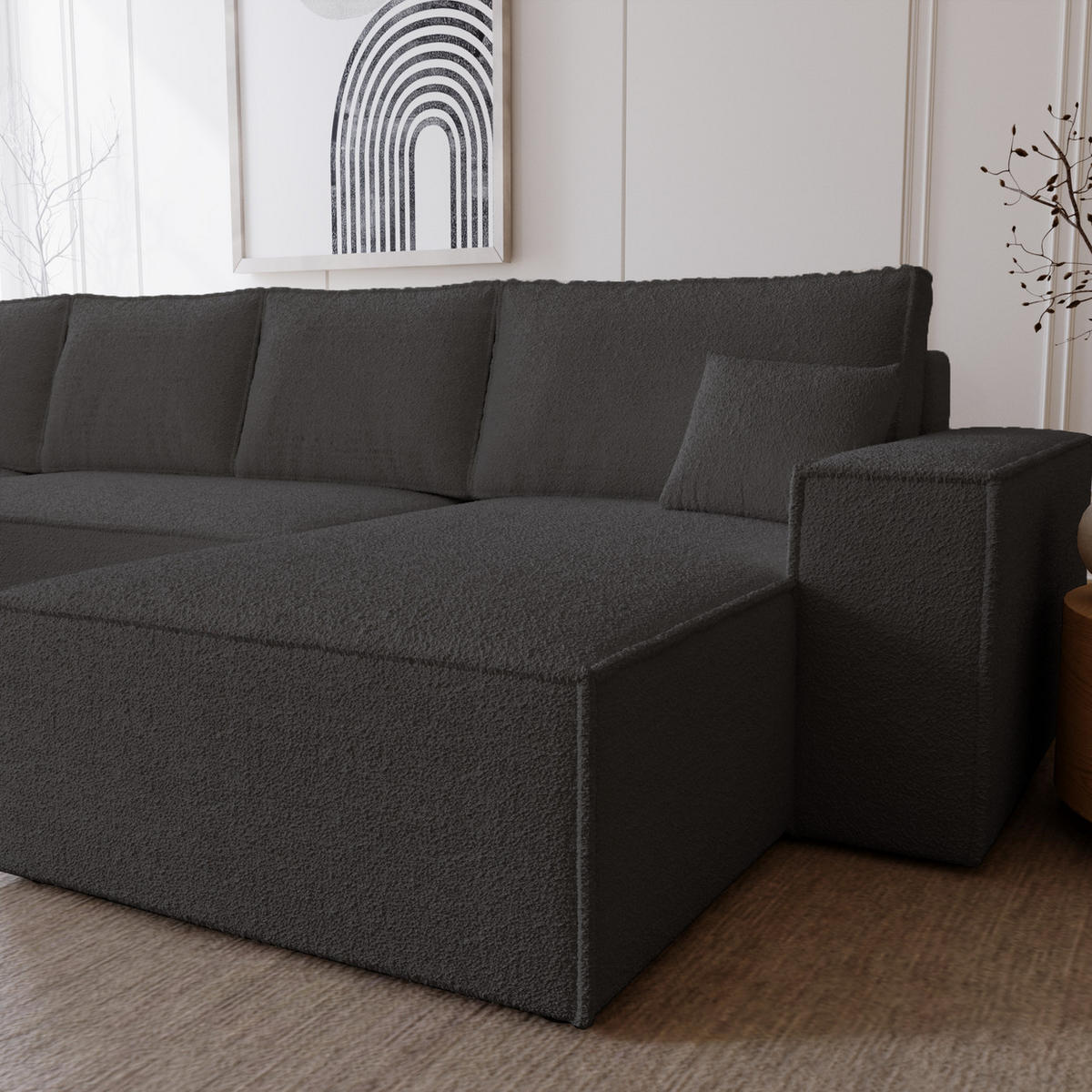 ECKCOUCH Bergamo U Bouclé mit Schlaffunktion, 380 cm, Schwarz - Schwarz, Holz (377/189cm) - Emporius