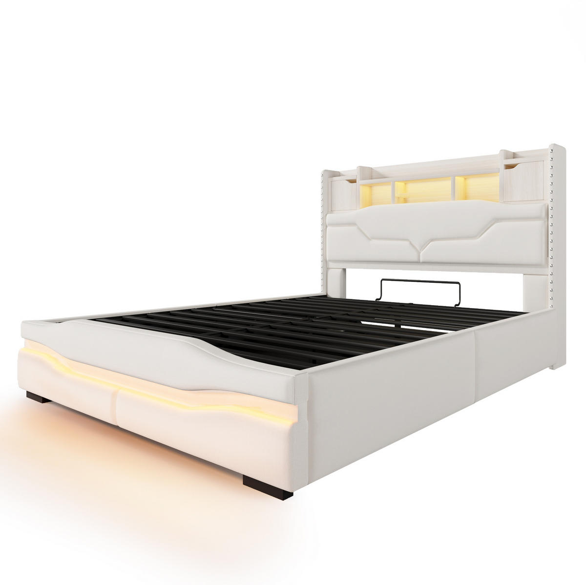 POLSTERBETT 140/200 cm Beige mit USB- und Type-C-Anschlüssen und LED-Beleuchtung - Beige, Textil (140/200cm) - OKWISH