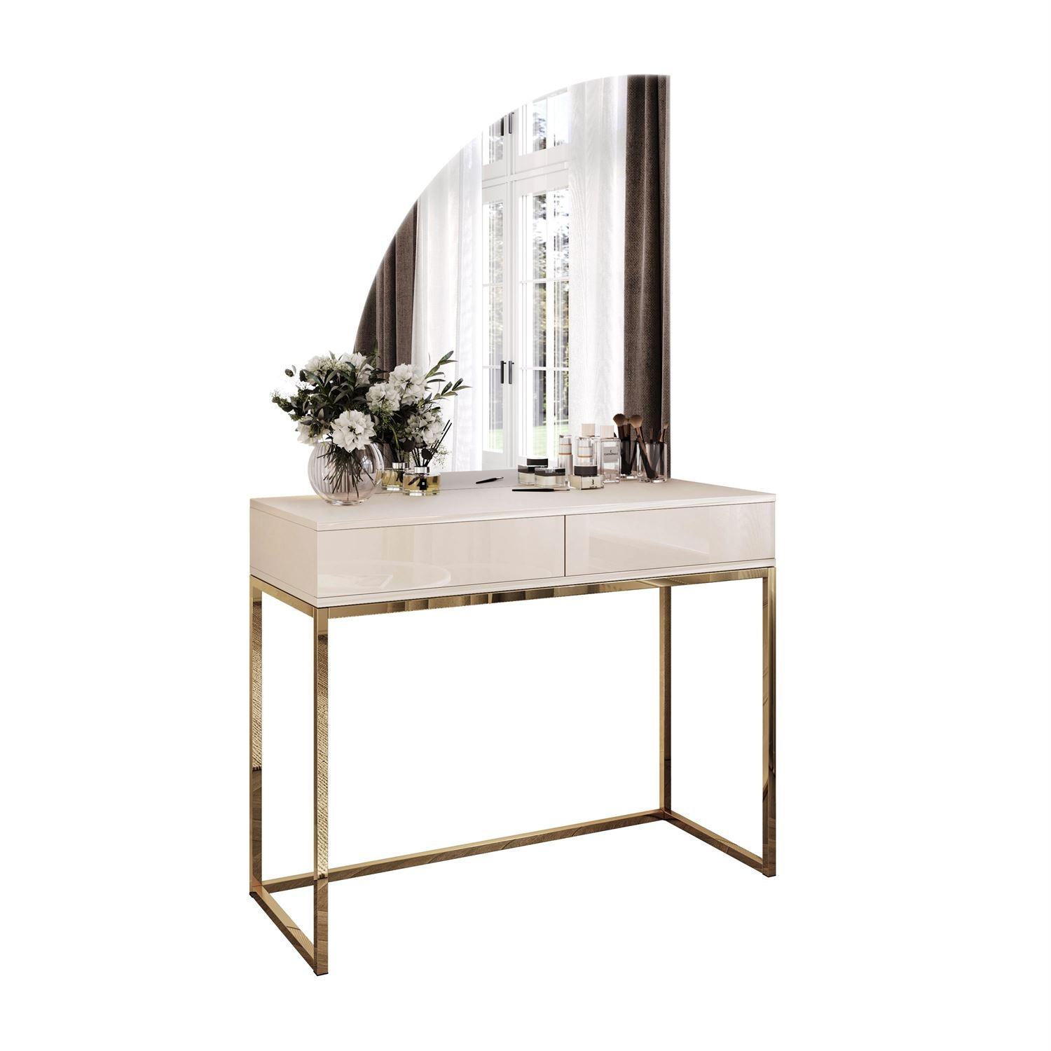 SCHMINKTISCH QUINNIE KASCHMIR mit LED-Spiegel gold Chrom links PUSH OPEN - Kaschmir/Goldfarben, Holzwerkstoff (100/175/42cm) - Lookway